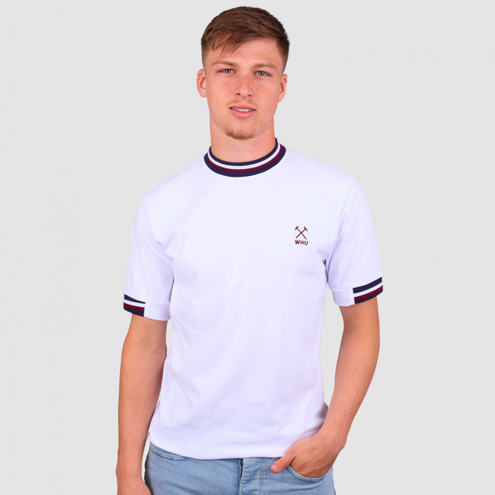Ollie Scarles modelling West Ham Flag Print White T-Shirt