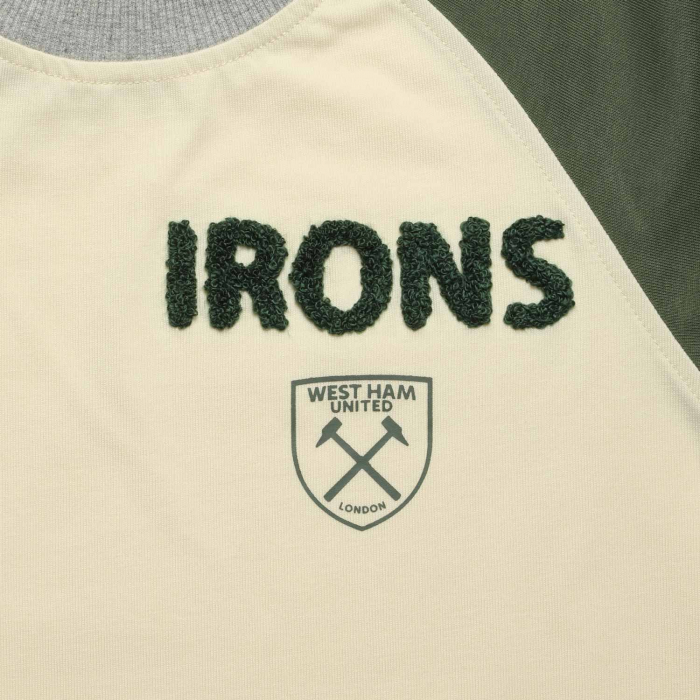 Irons wording on West Ham Junior Chenille Cream, Green & Grey T-Shirt