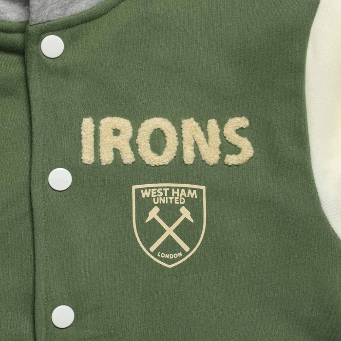 Close up of West Ham Junior Chenille Green, Cream, and Grey Jacket