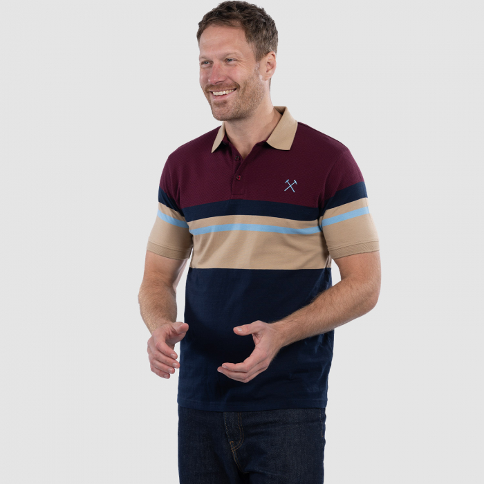 Adults Claret/Navy Block Stripe Polo