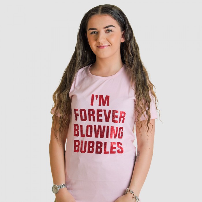 Womens Pink Glitter Forever Blowing Bubbles Tshirt