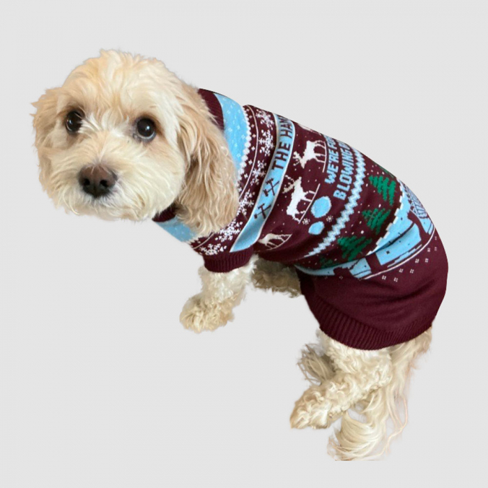 West Ham Dog Blowing Baubles Christmas Jumper West Ham Dog Blowing Baubles Christmas Jumper