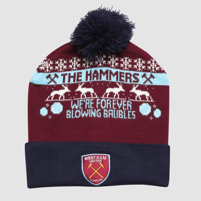 West Ham Blowing Baubles Christmas Bobble Hat West Ham Blowing Baubles Christmas Bobble Hat