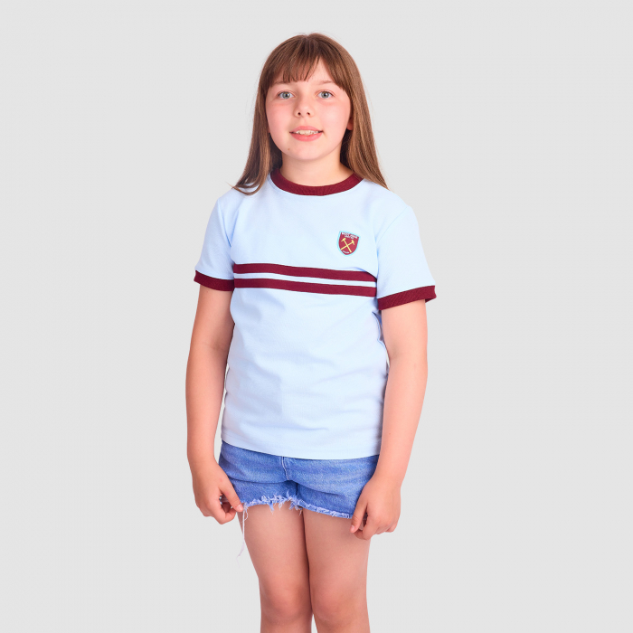 Front view of West Ham Junior Retro Pique Blue T-Shirt Front view of West Ham Junior Retro Pique Blue T-Shirt
