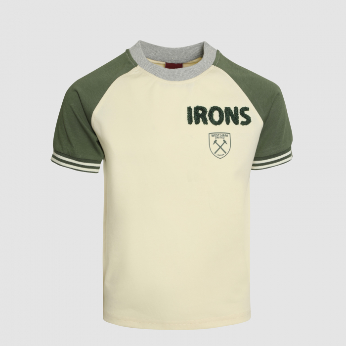 Front view of West Ham Junior Chenille Cream, Green & Grey T-Shirt