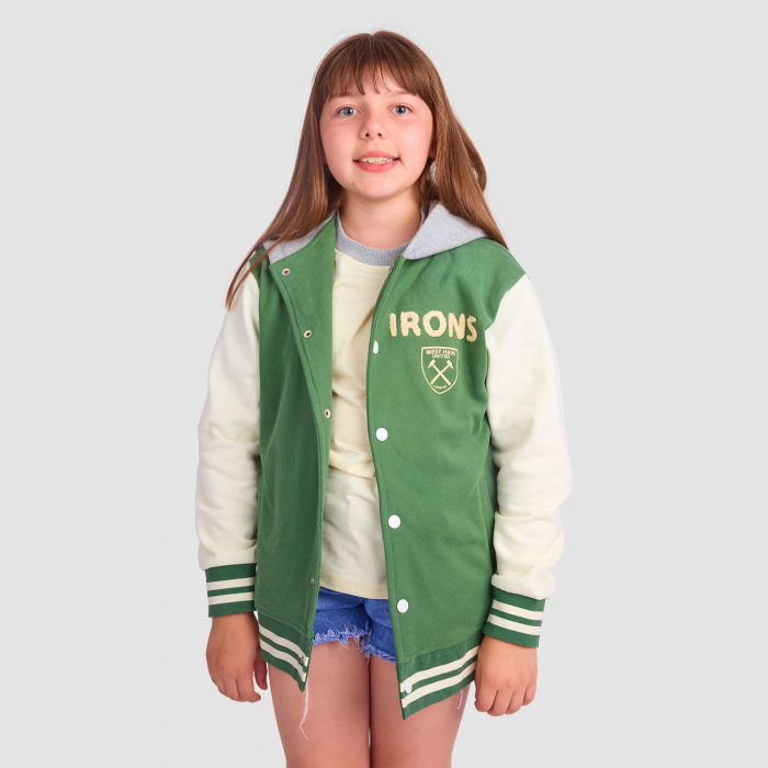Front view of West Ham Junior Chenille Green, Cream, and Grey Jacket Front view of West Ham Junior Chenille Green, Cream, and Grey Jacket