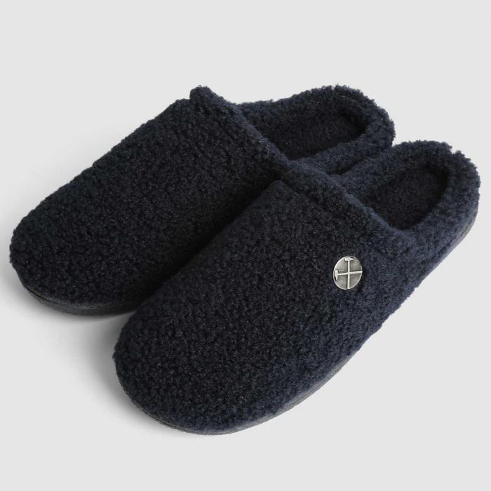Mens Navy Borg Mule Slippers